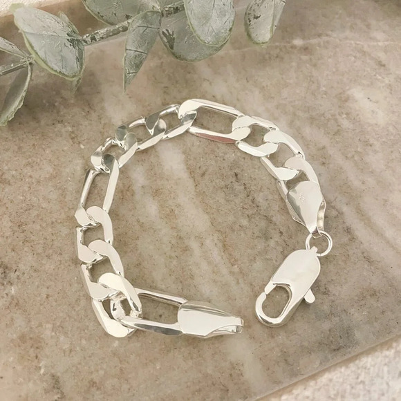 925 Sterling Silver Chunky Chain Link Bracelet Silver Figaro Bracelet 12 MM - Picture 2 of 4
